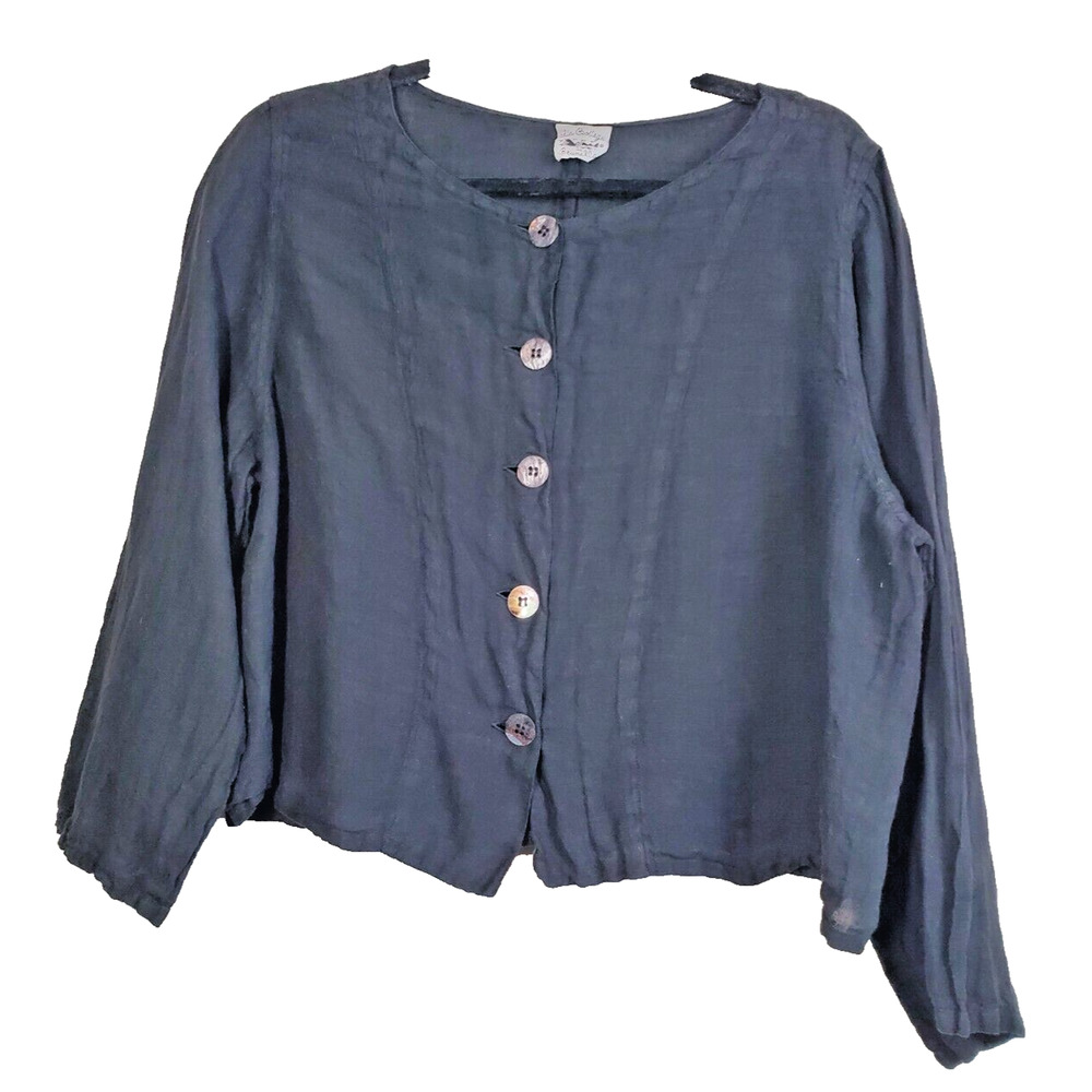 La Bottega Brunella Womens Large Black 100% Linen Button Down Top Cropped Boxy
